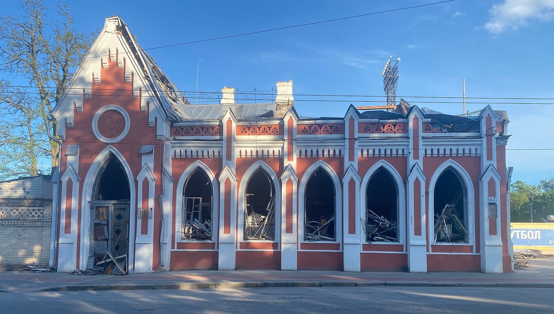The Gothic Revival Tarnovsky building in Chernihiv with its roof and upper walls destroyed