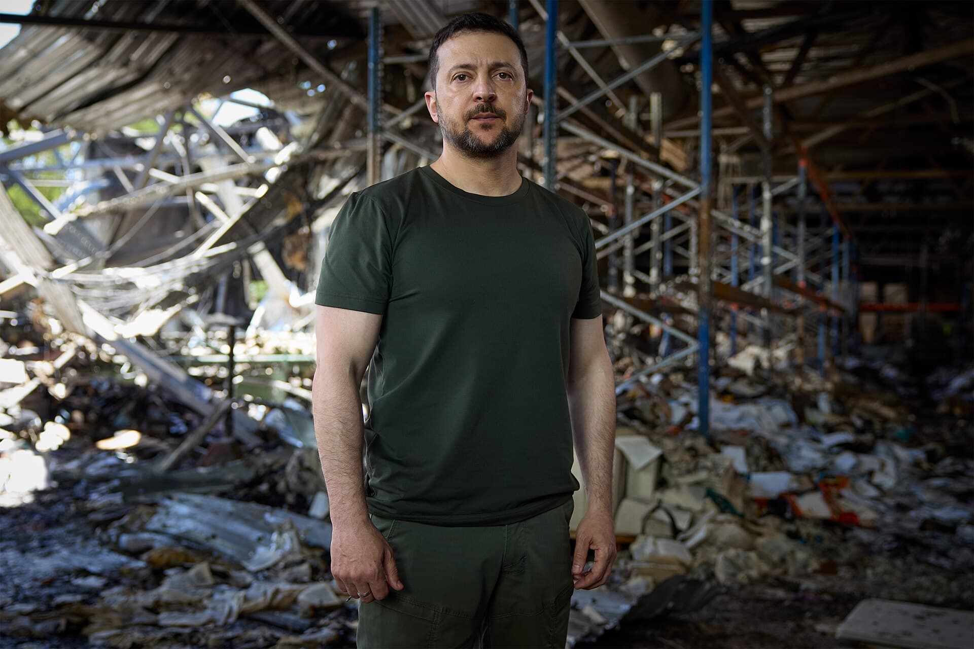 Stacks of burned books inside the ruined Factor Druk printing plant in Kharkiv
