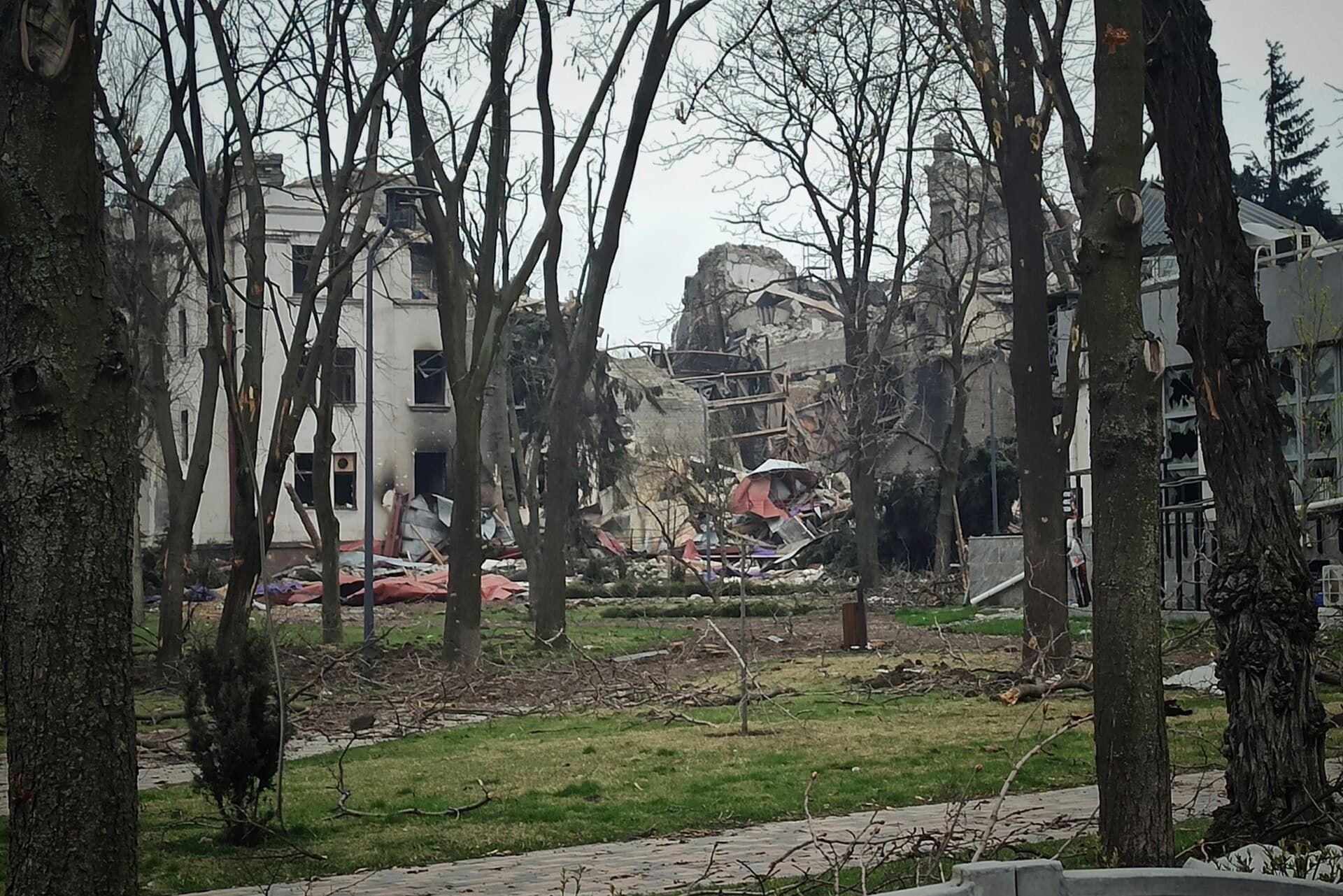 The ruined Mariupol drama theatre, its roof and auditorium collapsed