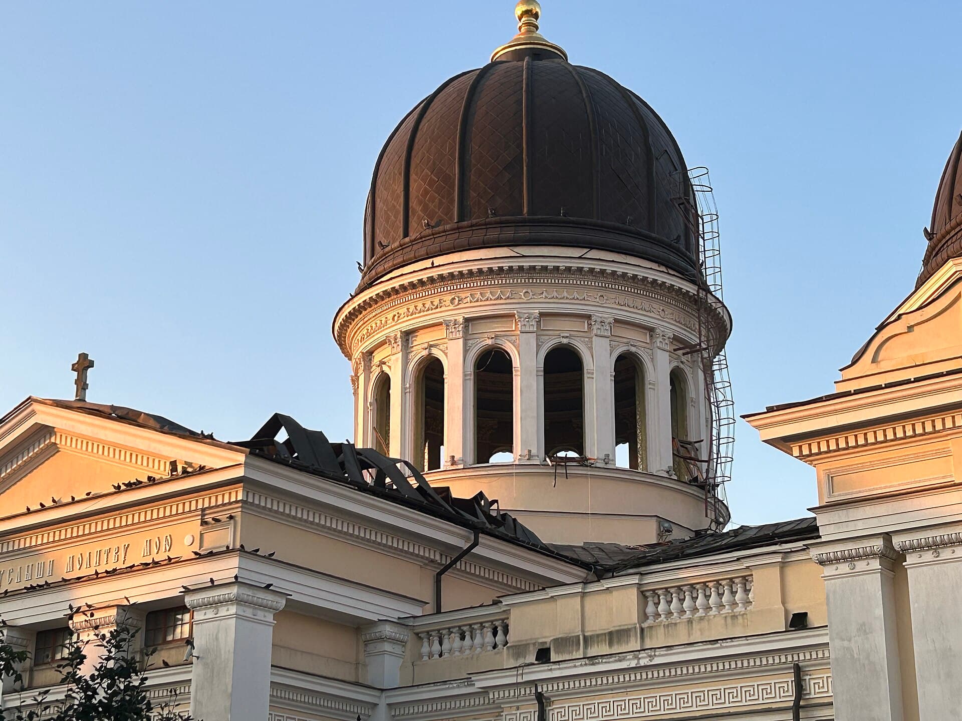 The dome of Odesa’s Transfiguration Cathedral above blast damage, hours after the strike