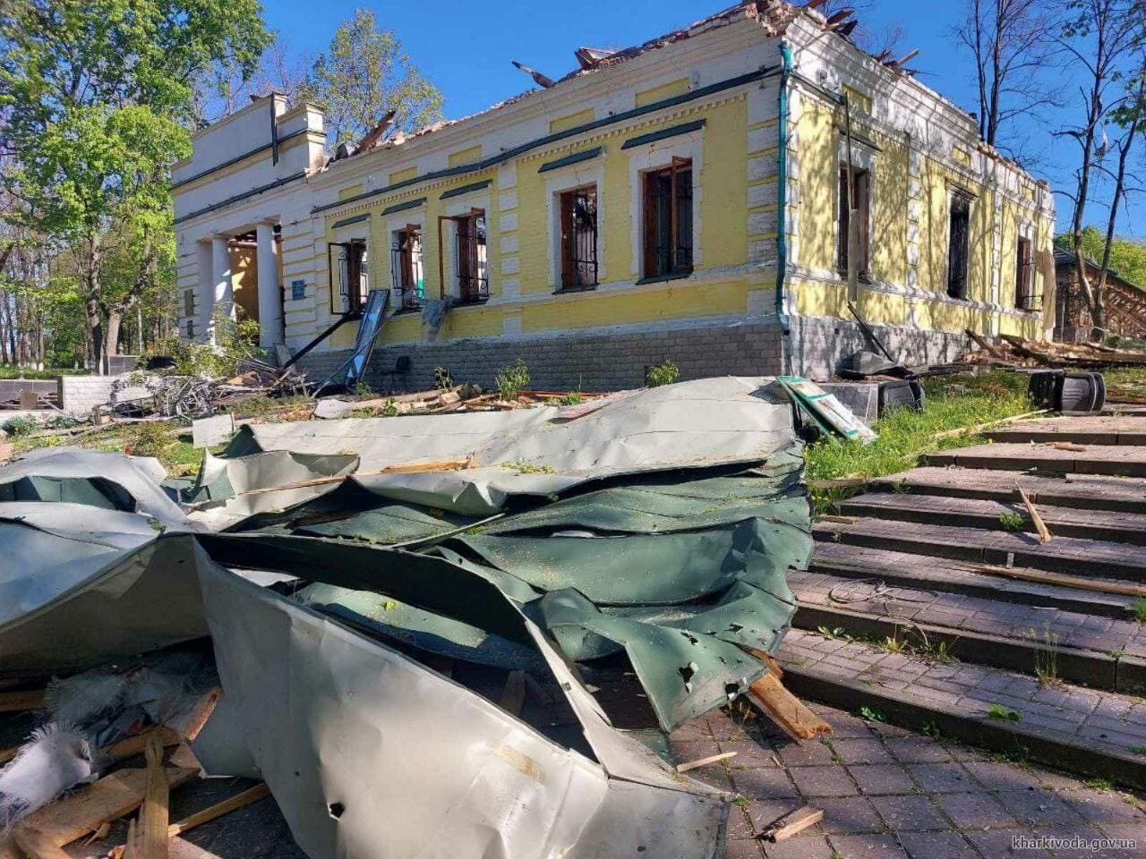 The burned-out Skovoroda museum in Skovorodynivka, its roof gone, debris on the ground